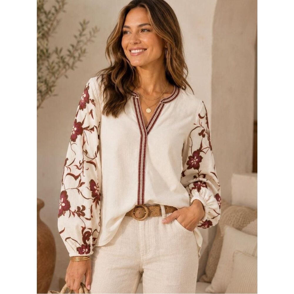 MC2 Saint Barth Embroidered Blouse White Burgundy Floral Long Sleeve Boho Top L